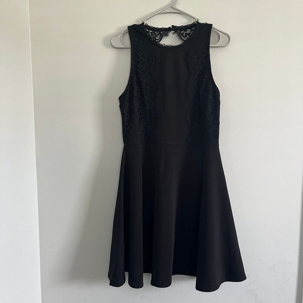 Miami Womens Size L Black Lace Accent Fit Flare Mini Dress Zipper Back